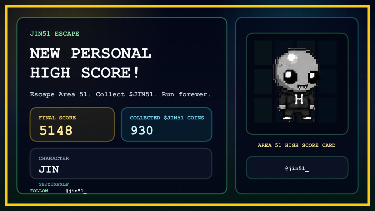 samura1987's tweet photo. やっぱりJinしか勝たん‼️

I just escaped Area 51 in JIN51 ESCAPE!!
New High Score: 5148
Character: Jin
Collected $JIN51 Coins: 930

Can you beat my score?
@jin51_

#JIN51ESCAPE
#villain #着て稼ぐ @0xMavillain L8N1M https://t.co/rwyi1B5kej