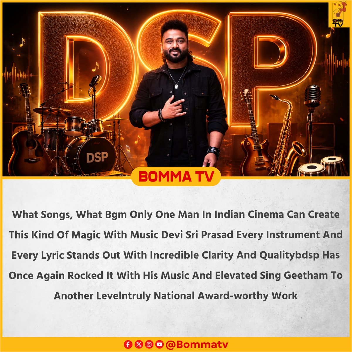 bomma_tv's tweet photo. Only #DeviSriPrasad can create this kind of magic. Every instrument and lyric stands out with stunning clarity. DSP elevates #SingGeetham to another level. National Award-worthy work! ❤️‍🔥 https://t.co/w5Vitmbjm1