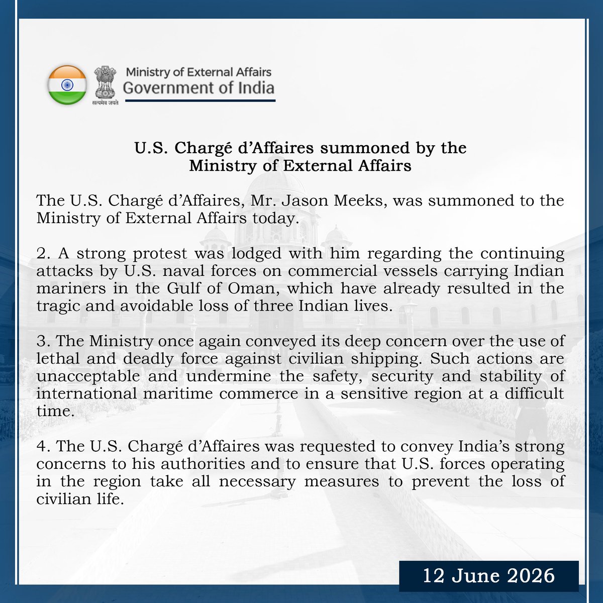 UltimatumArmada's tweet photo. India summoned U.S. Chargé d’Affaires Jason Meeks today and lodged a strong protest regarding the continuing attacks by U.S. naval forces on commercial vessels carrying Indian mariners in the Gulf of Oman.

https://t.co/17cA22htT3 https://t.co/IiNplzkSYQ