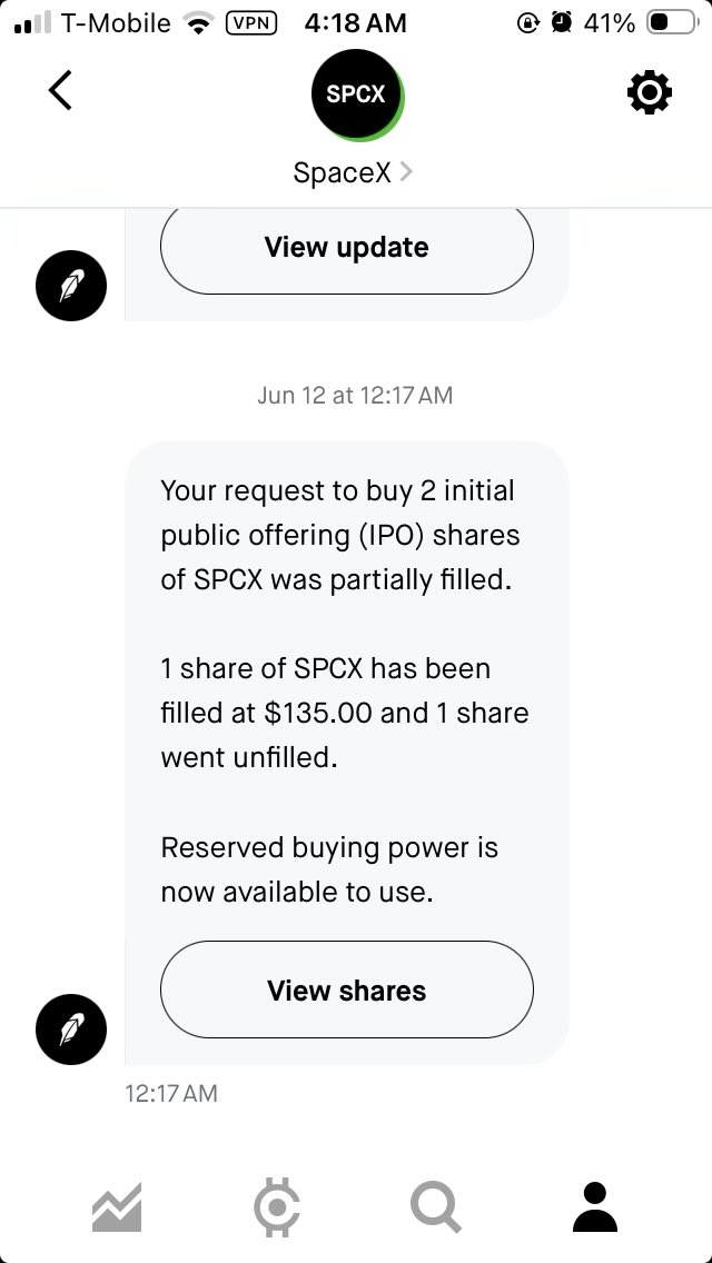 DebraDeniston's tweet photo. I’m crying. I only got one share but it means so much to me to be even a small part of this. I didn’t expect to get anything.

Thank you so much Elon @elonmusk : SpaceX @SpaceX : 
Robinhood @RobinhoodAp https://t.co/imCzELfz9m
