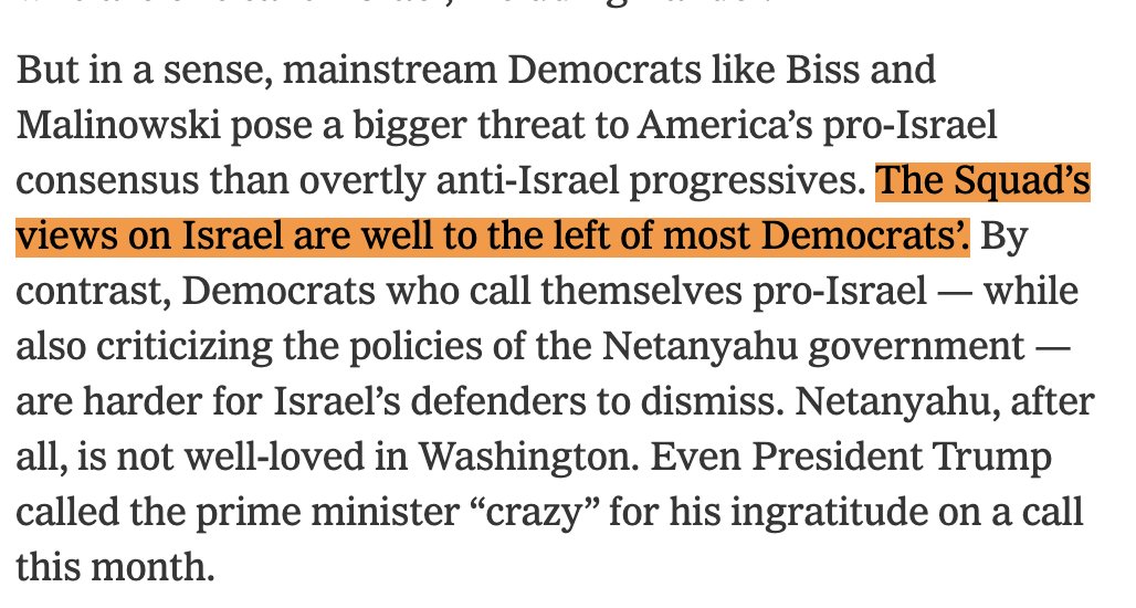 adamjohnsonCHI's tweet photo. there's many distortions and racist framings in this NYT AIPAC profile by @jonathanmahler, but this is factually false and needs a correction. "Most Democrats'" views absolutely do line up with the Squad's on Israel. I'd love for Jon to explain on what poll question they do not? https://t.co/NOWI8s9aiu