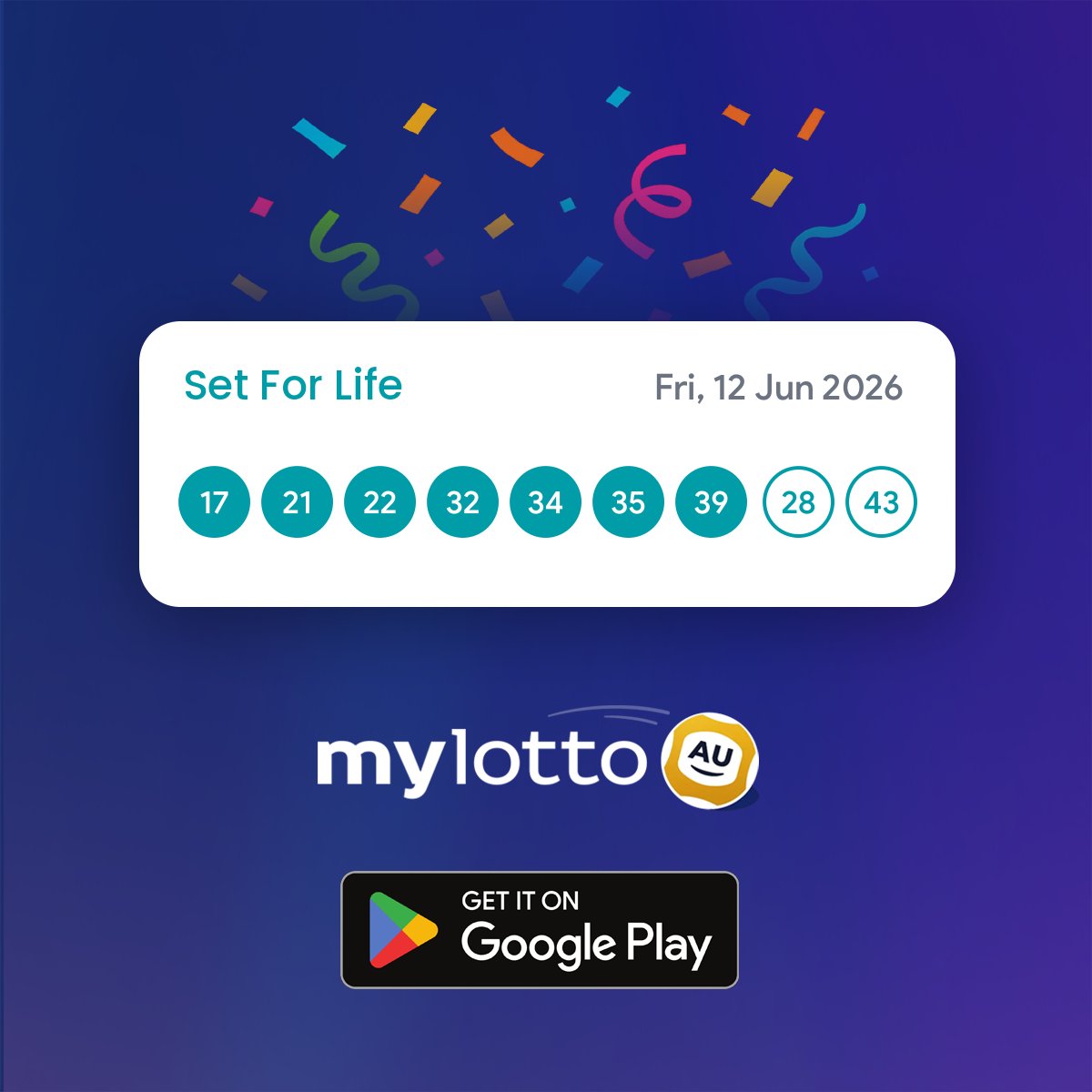 mylottoaus's tweet photo. Set For Life results are in! π€©
π
Friday, 12 Jun 2026
β¨ 17, 21, 22, 32, 34, 35, 39 + 28, 43 β¨
π° Did your numbers come up?
#SetForLife #LotteryResults #MyLottoAustralia https://t.co/rqDjILmln8