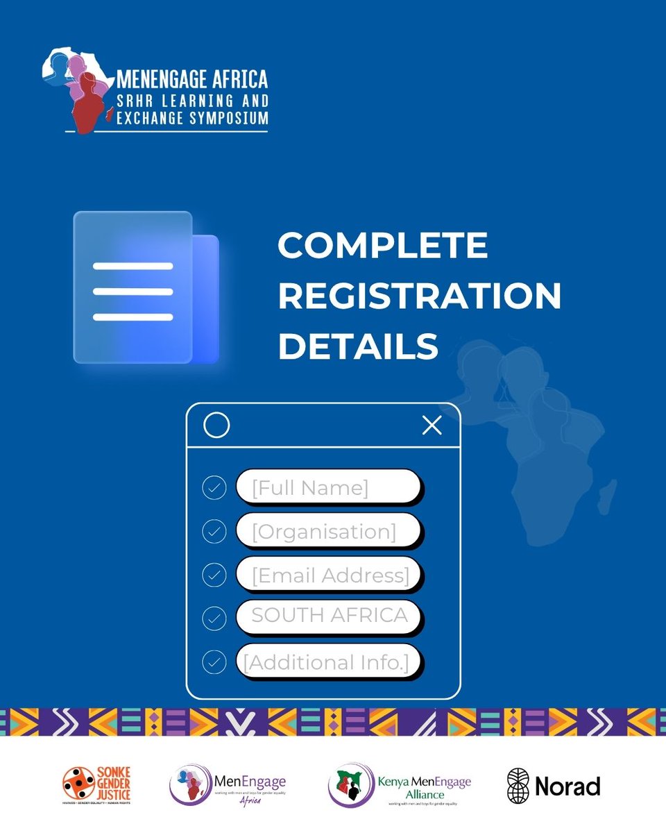 SonkeTogether's tweet photo. ⏰ Have YOU registered?
50% off registration for the MenEngage Africa SRHR Learning and Exchange Symposium #PROGRESS2026!
Connect with advocates, researchers & youth leaders shaping #SRHR across Africa.

📅 Seats limited — register now: https://t.co/1nrDR0Y3Du
NB: Select South Africa as your location to proceed to payment.

#MenEngageAfrica #SRHR4All #PROGRESS26