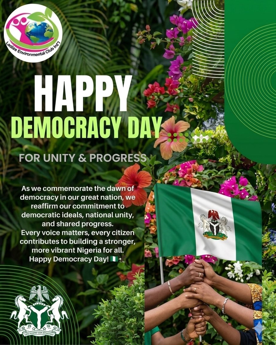 LagosLEC's tweet photo. Happy Democracy Day, Nigeria! 🇳🇬💚
Democracy means we get to speak up for what matters.

At LEC, we use our voice for the planet. We vote for cleaner air. We demand environmental justice. We lead conservation. We show up. https://t.co/2zLeVT6TtD