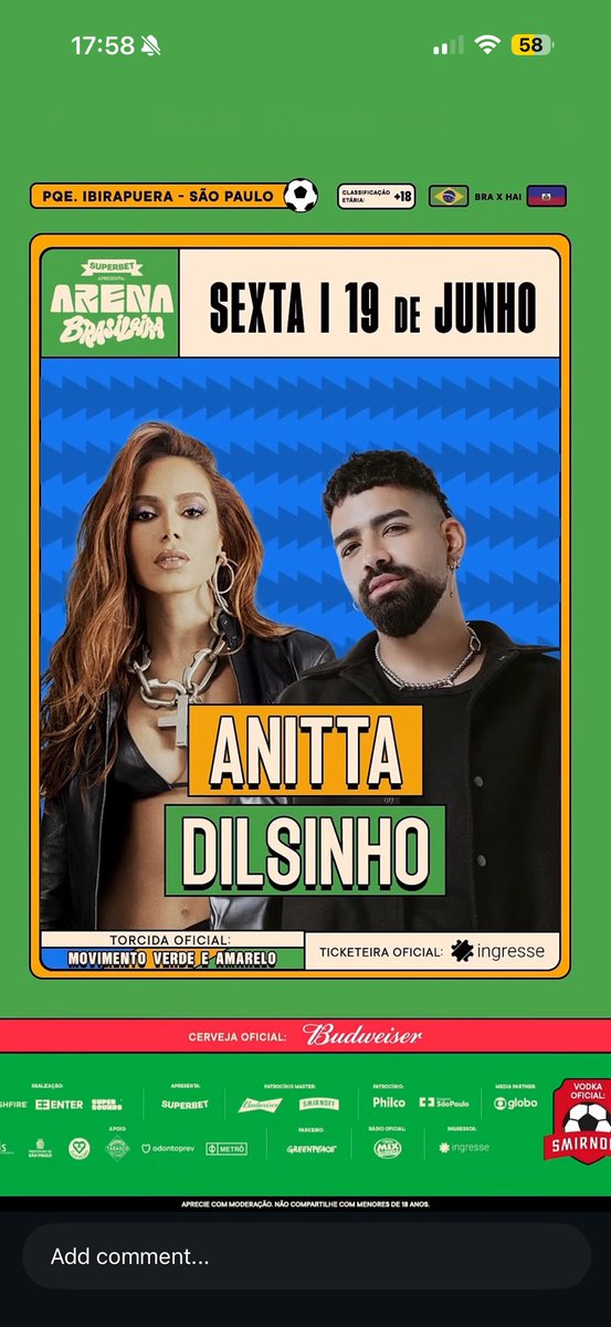 EuLexandre's tweet photo. Vendo ingresso da Arena Brasileira

Meia Entrada / BUD PREMIUM AREA | Brasil x
Haiti | (19/06)
Show Anitta &amp; Dilsinho https://t.co/y9SIj0vQz3
