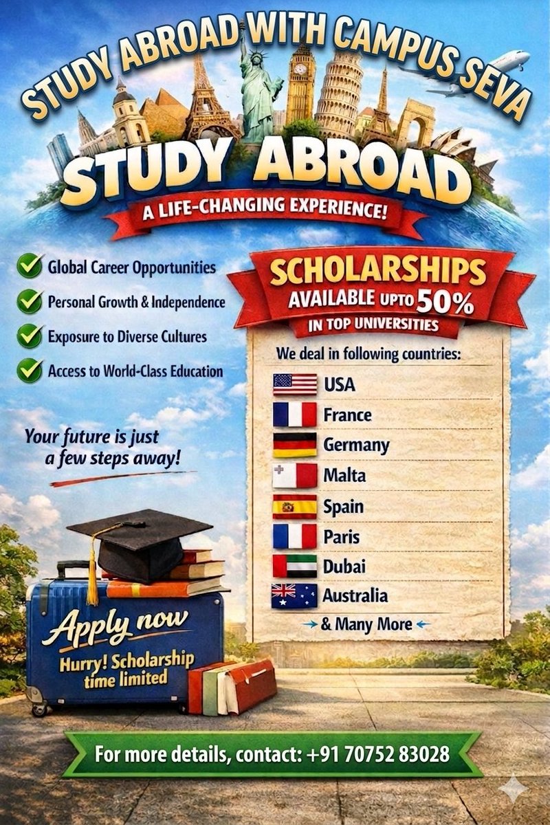 Campusseva's tweet photo. Study Abroad and Earn while learning with Campus Seva. #campusseva #studyabroad #abroad #USA #France #germany #malta #Dubai ##Australia #paris #spain https://t.co/S55P8joLhw