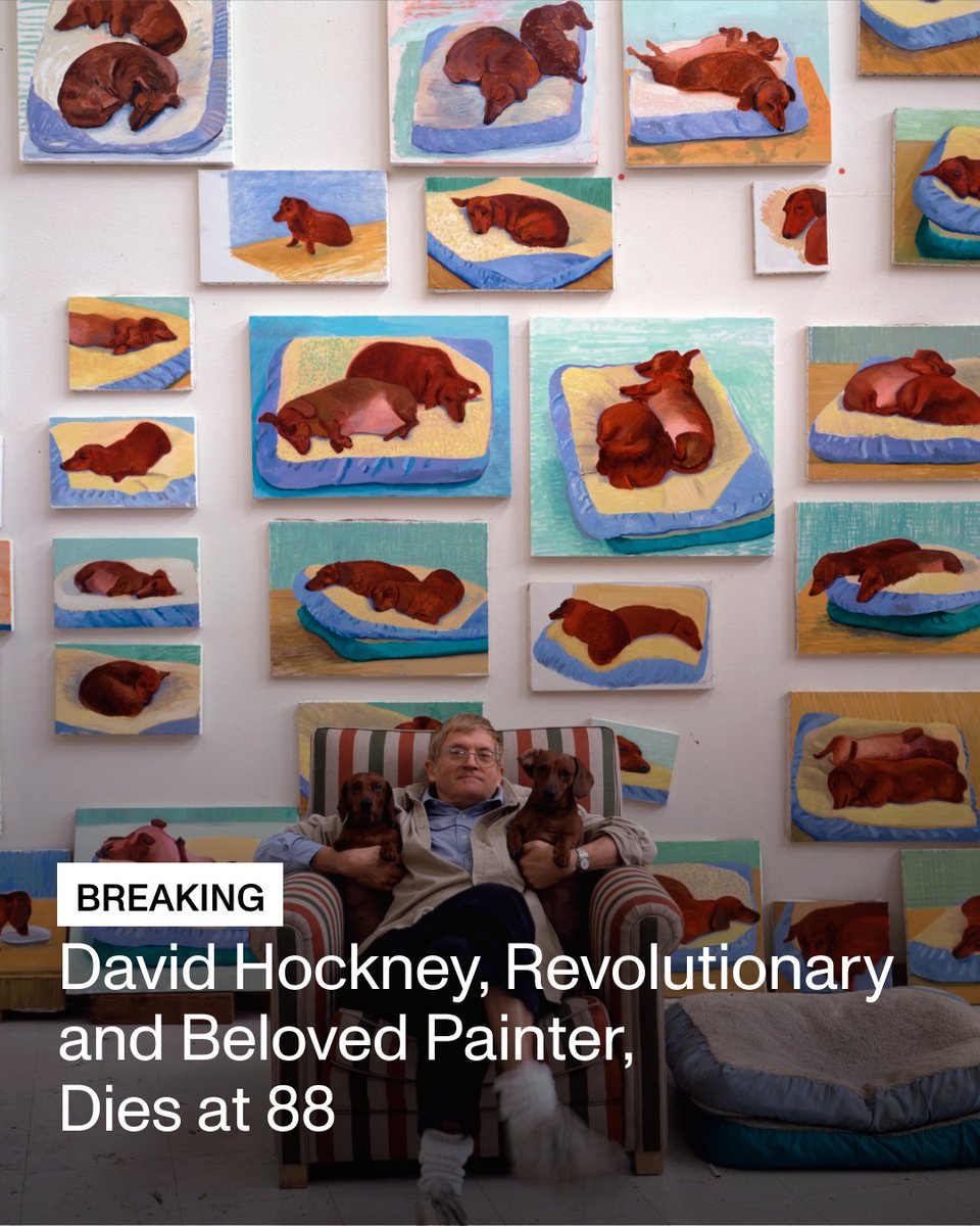 artnet's tweet photo. #ArtnetNews: David Hockney, whose vivid paintings and warm irreverence made him one of the most celebrated artists of his era, died on Thursday in London. He was 88. 

His publicist, Erica Bolton, confirmed the news. Indefatigable throughout his life, he worked until the end.

Tap here to read more: https://t.co/4UnynfVSPg

Article by Jo Lawson-Tancred