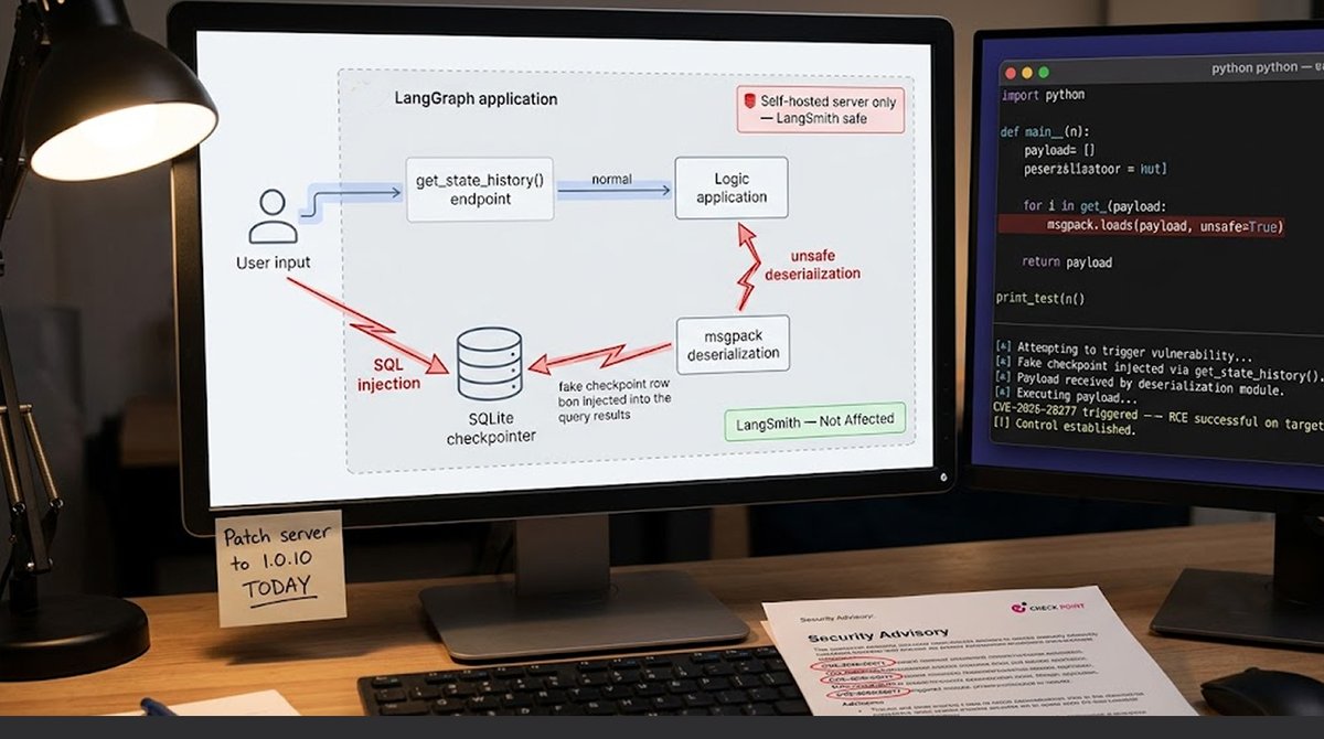 redsecuretech's tweet photo. A LangGraph critical vulnerability chain combining SQL injection and unsafe deserialization could lead to RCE. Patches available.

https://t.co/T0sH27FEUs

#LangGraph #CriticalVulnerability #RemoteCodeExecution #SQLInjection #AISecurity #LangChain #CheckPoint #CVE #SelfHostedAI https://t.co/la5oza6SPC