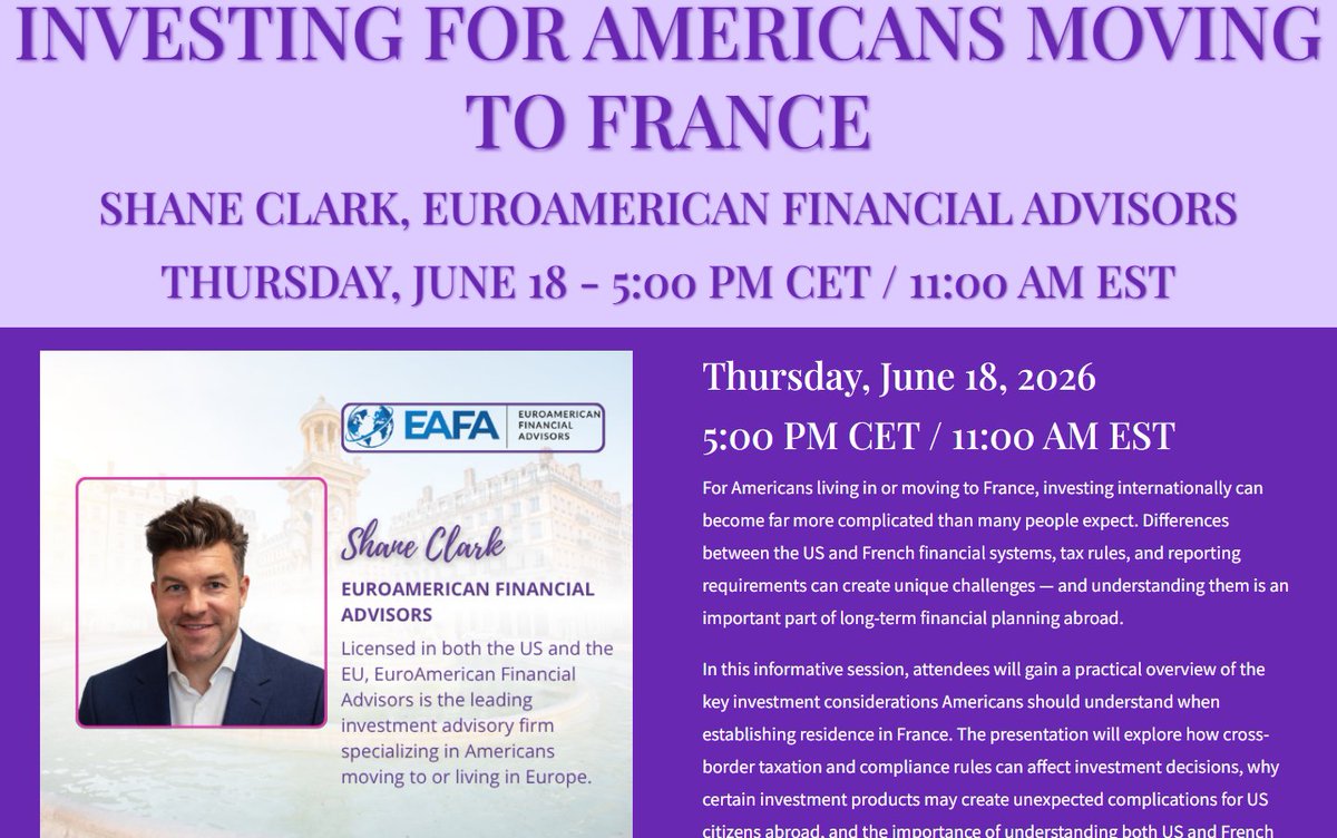 AdvisorsEuro's tweet photo. Join Shane Clark, @AdvisorsEuro President, next week at the Relocate to France Virtual Summit and find out more.

#expats #usexpats #americansabroad #investing #FinancialPlanning #livingabroad #movingabroad

https://t.co/acDT9vHKh5 https://t.co/lng1fUgWY3
