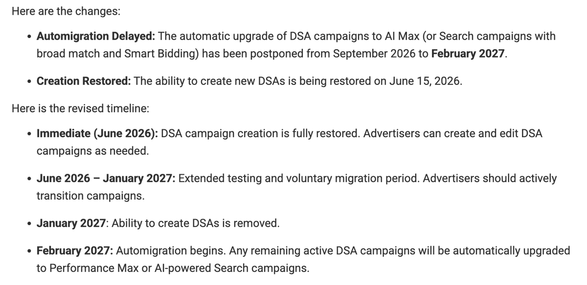 rustybrick's tweet photo. Google extended the timeline to transition from Dynamic Search Ads (DSA) to AI Max for Search campaigns from Sep 2026 to Feb 2027 https://t.co/JeNv6L7tyE  cc @ppcchat https://t.co/F6ca6y5OVJ