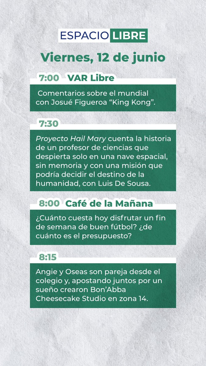 EspacioLibreGt's tweet photo. Estamos a pocos minutos de dar inicio a la transmisión de #EspacioLibre, por @radio_infinita 📻 Conoce el programa que tenemos preparado para este viernes 12 de junio.

Guarda nuestro WhatsApp e interactúa con nosotros: 3033-7589📲 https://t.co/A4D9A5CXxB