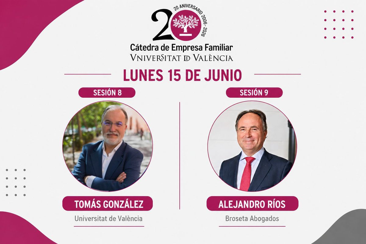 CEF_UV's tweet photo. 📚 Dilluns 15 de juny continuem amb el curs d'Empresa Familiar de la CEFUV

🔹 Tomás González (UV): planificació de la successió.
🔹 Alejandro Ríos (Broseta): organització mercantil i protocols familiars.

🕘 9.00-14.00 h

⬇️ Versió en castellà a continuació. https://t.co/siCqtF4CZq