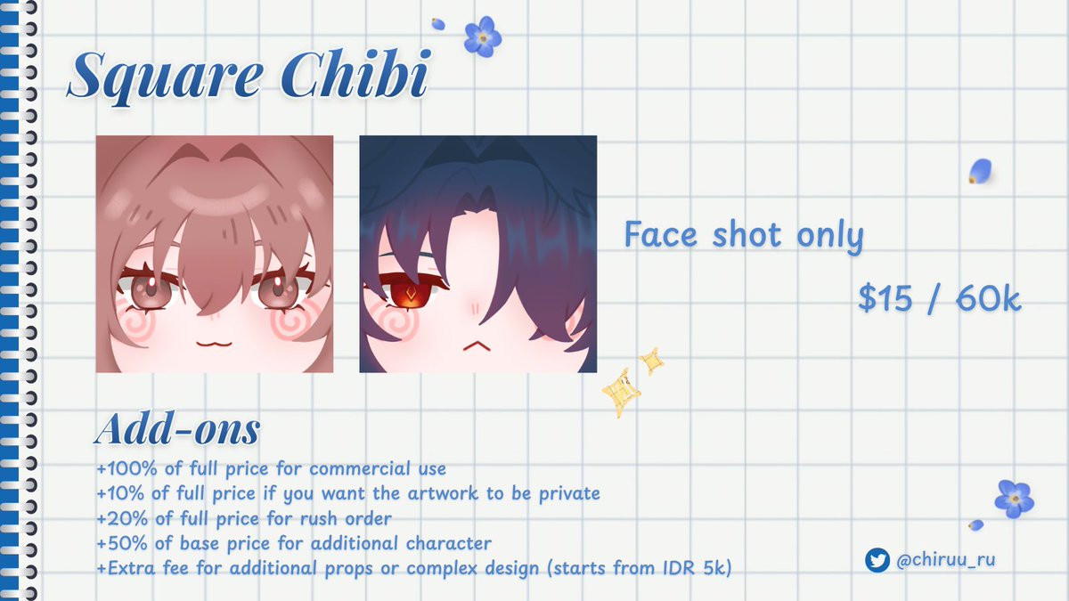 chiruu_ru's tweet photo. [🔂 + ❤️ are appreciated!]

Hello! My commissions are now OPEN for local and international with limited slot‼️ DM me if you're interested and please tag me when you do ^^/

Please check the details below for more info (1/2)⬇️
#commission #commissionsopen https://t.co/0qRylRCLe5