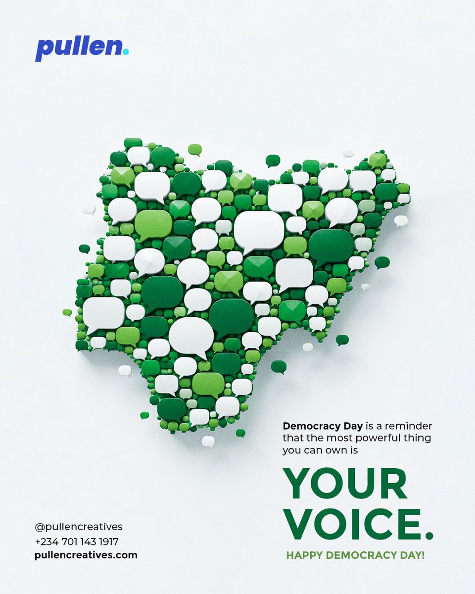 pullencreatives's tweet photo. Today, we celebrate the power of voices, ideas, and the freedom to create.

Happy Democracy Day, Nigeria. 🇳🇬

#democracyday #pullencreatives #creativitywithpurpose https://t.co/P9VfgLn8x0