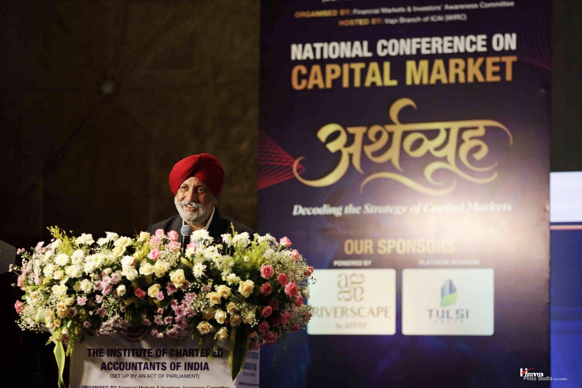 CJSNanda's tweet photo. Addressing the National Conference on Capital Market – “Arthavyuha”, hosted in Vapi. Meaningful discussions on market resilience, investor confidence &amp; financial innovation underscored the role of capital markets in driving sustainable growth.

#CapitalMarkets #ICAI #ViksitBharat https://t.co/fQkmHUZped