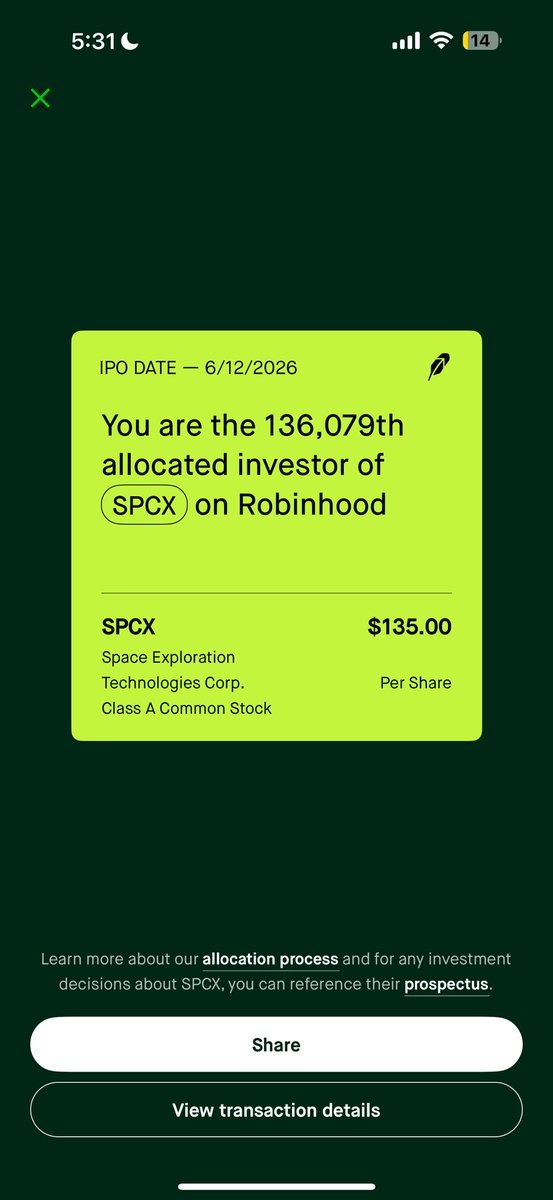 PrestDunn24's tweet photo. Damn I only received 22/125 shares of $SPCX on $HOOD https://t.co/hzcTBi9Cd9