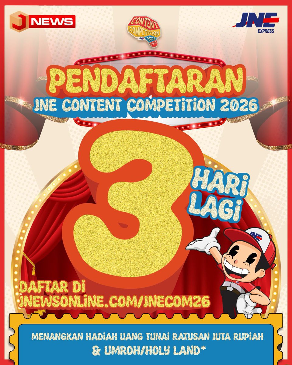 JNE_ID's tweet photo. Siapkan dirimu untuk “Bergerak Bersama, Beragam Cerita”!✨

3 HARI LAGI!‼️🙌🏼

Pendaftaran JNE Content Competition 2026  akan ditutup!
Masih belum daftar? Yuk buruan submit karya terbaikmu!

🌐Link Pendaftaran🌐
Periode Pendaftaran 26 Februari – 15 Juni 2026, cek syarat & ketentuannya melalui Link : https://t.co/3KQWLE7iqA (klik link di bio)

#JNE35BergerakBersama #JNEContentCompetition2026