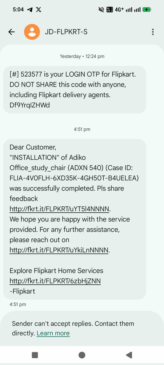 idinnu0312's tweet photo. @Flipkart @flipkartsupport 
 Extremely disappointed. Received a message that my chair installation has been completed, but no technician has visited and no installation has been done. Why is the service marked complete without doing the work? Please resolve this immediately. https://t.co/fEsWPBlvyu