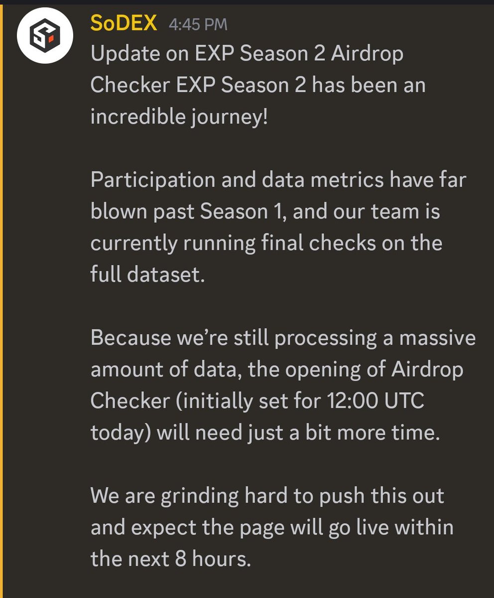 ArhnOne's tweet photo. >> sosovalue value season 2 airdrop checker update 

  • according to sosovalue Season 2 participation and activity have significantly exceeded Season 1, and the team is still processing and validating the full dataset

• the checker, originally scheduled for 12 : 00 UTC today but equires additional time before going live

• according to sosovalue team expects the Airdrop Checker to be available within the next 8 hours

• verification is underway, and the checker should be live soon