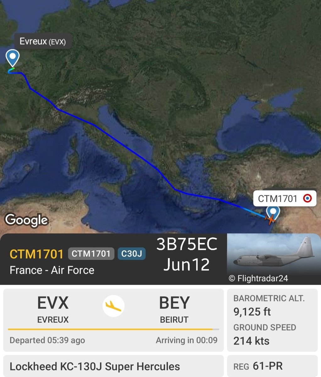 LebanonJets's tweet photo. #France AirForce KC-130J Super Hercules #61PR #FRAPR (cn382-5890 delivered in 2020) #3B75EC into #Beirut from Evreux then to Paris VIY as #CTM1701 (UN resolution or coincidence?) 600 French troops in #UNIFIL as of May1 &amp; most recent C130 was May19 https://t.co/tDiwdqJALj