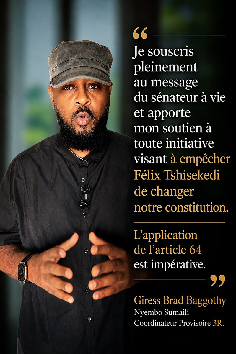 giressbaggothy's tweet photo. Je souscris pleinement au message de l'ancien @Presidence_RDC et sénateur à vie JKK et apporte mon soutien à toute initiative visant à empêcher Félix Tshisekedi de changer notre constitution.

L’application de l’article 64 est impérative. 

Giress Brad Baggothy Nyembo Sumaili 
Coordinateur Provisoire @3RDRC