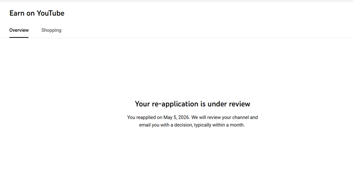 WatchTrendsTv's tweet photo. Hi @TeamYouTube, my YPP re-application has been under review since May 5, 2026. YouTube Studio says decisions are typically sent within a month, but 38 days have passed with no update. Could you please check the status? Thank you. https://t.co/mOEVgW4ui9