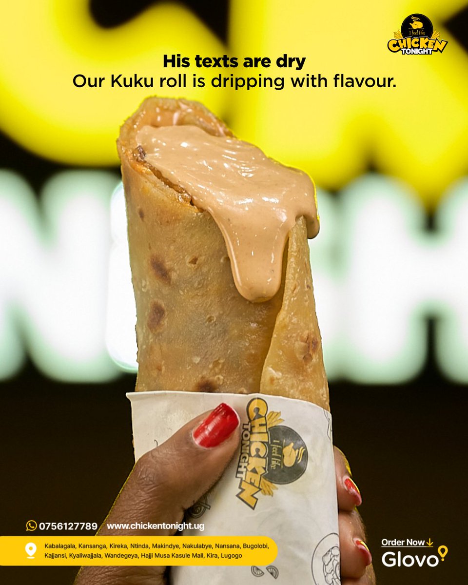 Chicken2nite_Ug's tweet photo. Skip the drama and grab yourself a Kuku roll today! 😌🔥 

Available 24/7 at any of our 14 branches or order in from Glovo.

#Ifeellikechickentonight #chickentonight #kukuroll https://t.co/G1fvKVsabi