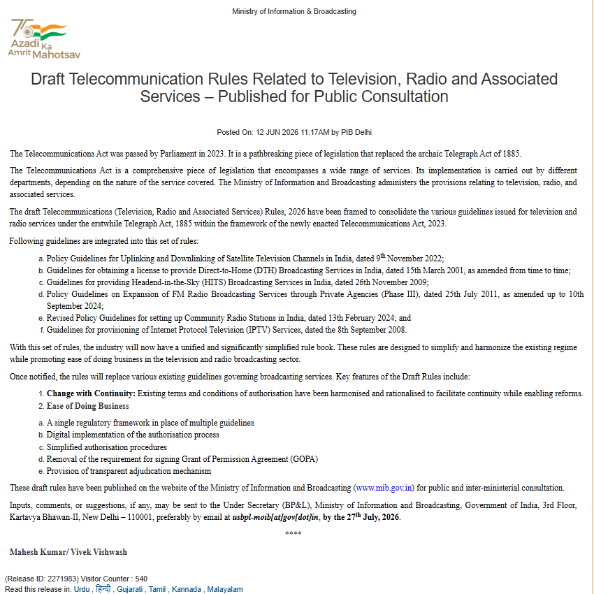 ReformerJammu's tweet photo. Draft Telecommunication Rules Related to Television, Radio and Associated Services – Published for Public Consultation https://t.co/ALLmyIJYTZ