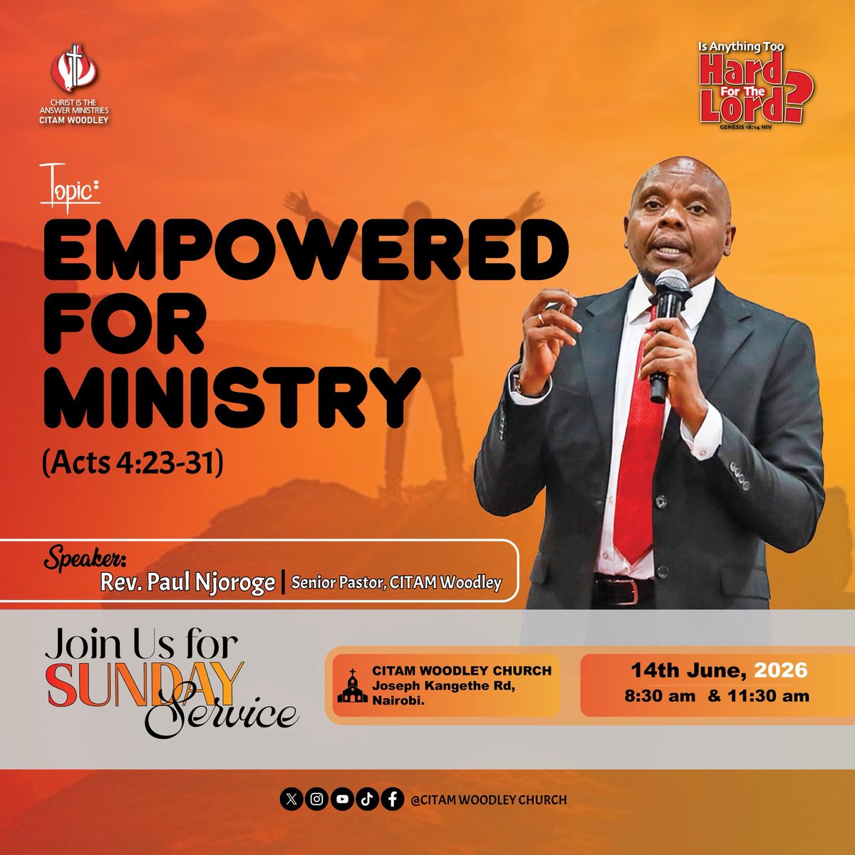 Citam_Woodley's tweet photo. Empowered for ministry is our Topic for this Sunday's service, to be shared by Rev. Njoroge, our senior Pastor. Do join us for Sunday service: the 1st service begins at 8:30 am and the 2nd at 11:30 am. 

We are looking forward to having you join us for the service! https://t.co/VNTxkCj02L