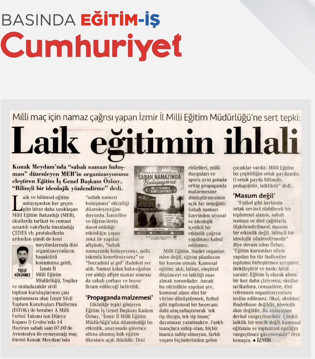 _AliKaya's tweet photo. Eğitim-İş Genel Başkanı Kadem Özbay’ın açıklamaları, bir kez daha sendikal mücadeleden çok ideolojik saplantıların öne çıktığını göstermiştir.

Milletimizin inanç değerleriyle sürekli problem yaşayan bir anlayışın, gönüllülük esasına dayalı bir etkinliği “laiklik karşıtlığı” olarak göstermeye çalışması kabul edilemez.

Laiklik; insanların inancını yaşamasını engellemek değil, bu özgürlüğü güvence altına almaktır. Asıl sorun, toplumun değerlerine tepeden bakan ve milyonların inancını kamusal hayattan dışlamaya çalışan bu jakoben anlayıştır.

Eğitim çalışanlarının ücret, özlük ve çalışma hayatına ilişkin sorunları çözüm beklerken, her fırsatta dini değerler üzerinden tartışma üretmek sendikacılık değil, ideolojik mühendisliktir.

Milletimizin inancı, kültürü ve değerleriyle kavga eden değil, onları yaşatan bir anlayışın yanında duruyoruz.

@egitimisorg @kademozbay_
@izmir_ilmem @yahsiomer @tcmeb