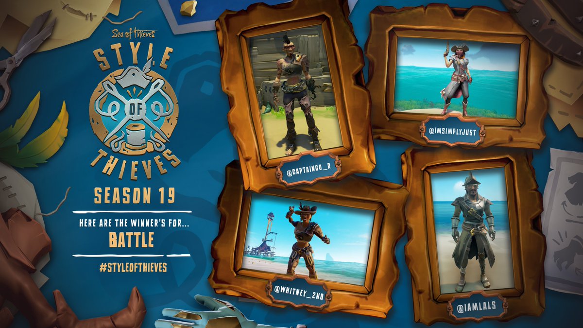 SeaOfThieves's tweet photo. It's time to welcome the winners of Season 19's #StyleOfThieves contest onto the deck! The first theme asked for pirates ready for a Battle, and our crew felt Twitter/X's @Whitney_2nd, @ImSimplyJust and @CaptainGG_R, and Discord's lals looked particularly ready for a ruckus. https://t.co/Z0S2WzpqsB
