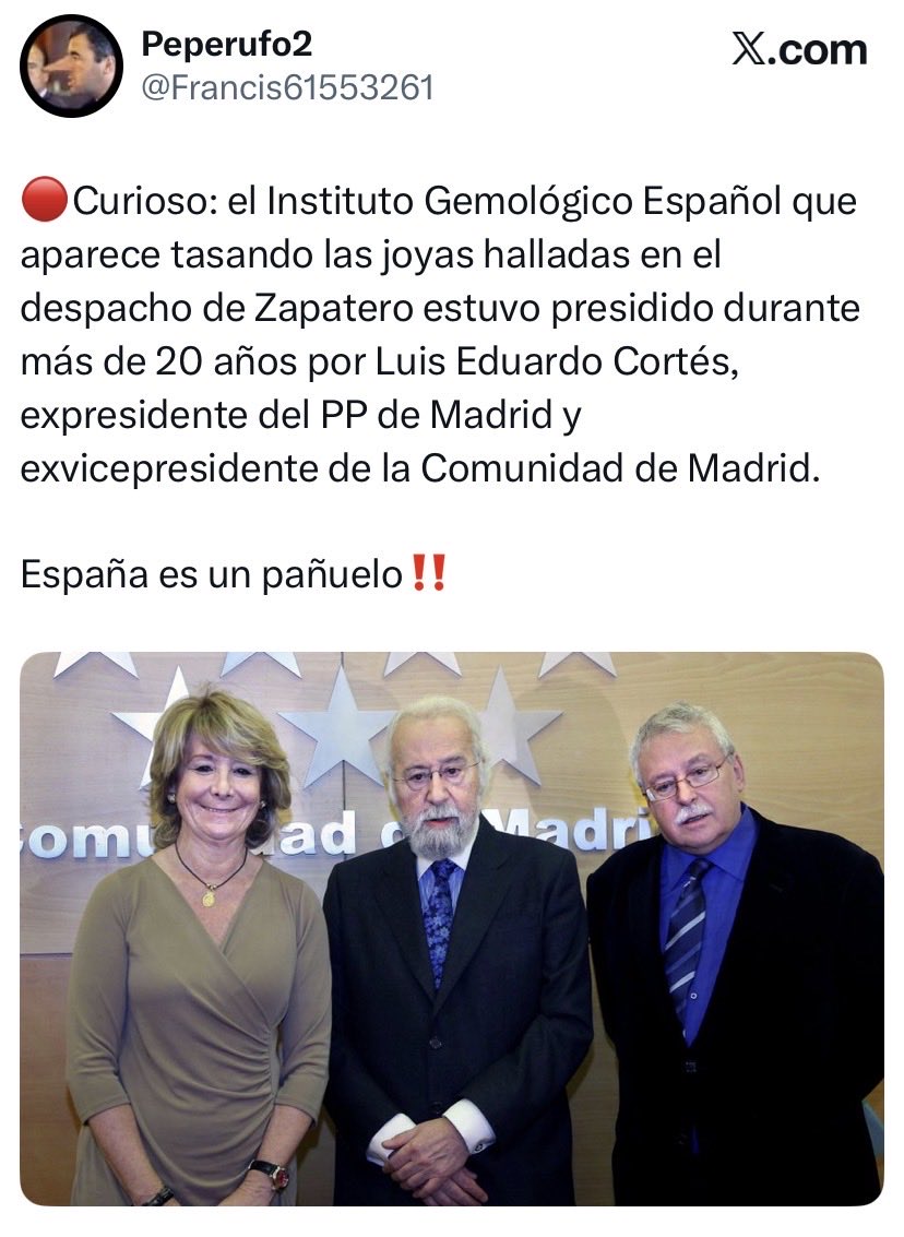 anluma99's tweet photo. El tasador tasado 

El tasador tasado que tasa la repercusión política de lo que tasa. Ahora lo entiendo todo: podrían haber dicho 3 millones de euros o 4, o incluso si quisieran   incrementar a nivel sideral la Maldad de Zapatero: 10 millones de euros 

Pero lo cierto es que el tasador termina tasado por su biografía y por sus relaciones de poder. Aquí no hay gemología: hay poder disfrazado de técnica, la técnica de la neutralidad . España - como dice el autor de este Tui- no es un pañuelo: es una red de complicidades, ó- como sospecho en este caso- cosas mucho peores