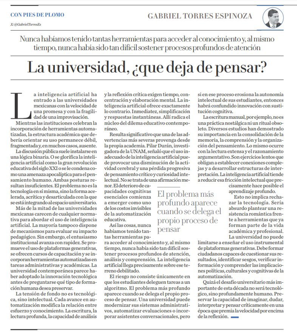 virginiog's tweet photo. La adopción acelerada de IA en universidades mexicanas sin regulaciones ni evaluación pedagógica suficiente, lo que amenaza procesos cognitivos

El mayor reto universitario de la década es humano: preservar la imaginación, la duda, la interpretación y el pensamiento crítico https://t.co/pxZExfIQqo