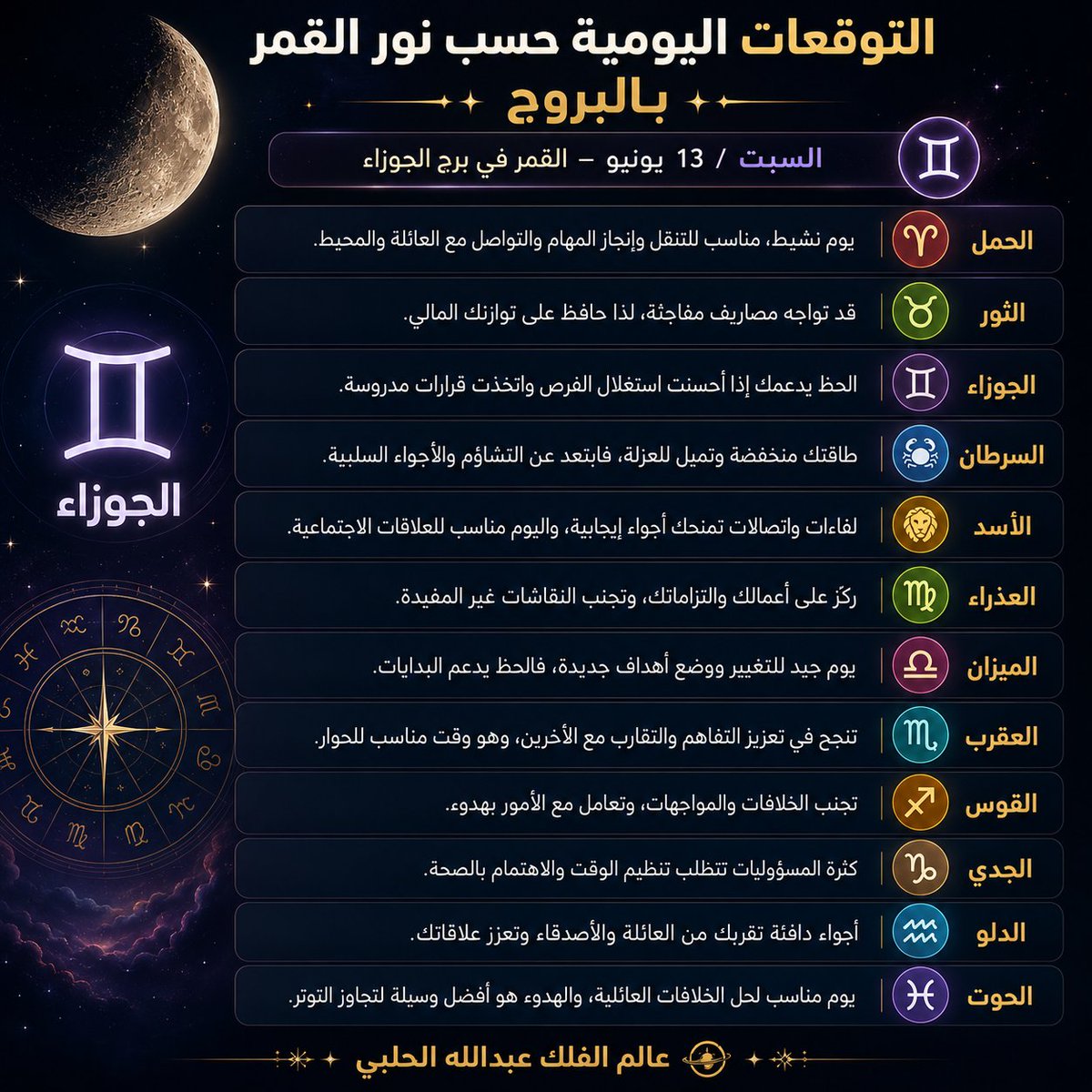 abdullah_halabe's tweet photo. الابراج اليومية والاختيارات الفلكية والطبية ليوم السبت ١٣ يونيو https://t.co/tW2RNnUWR1