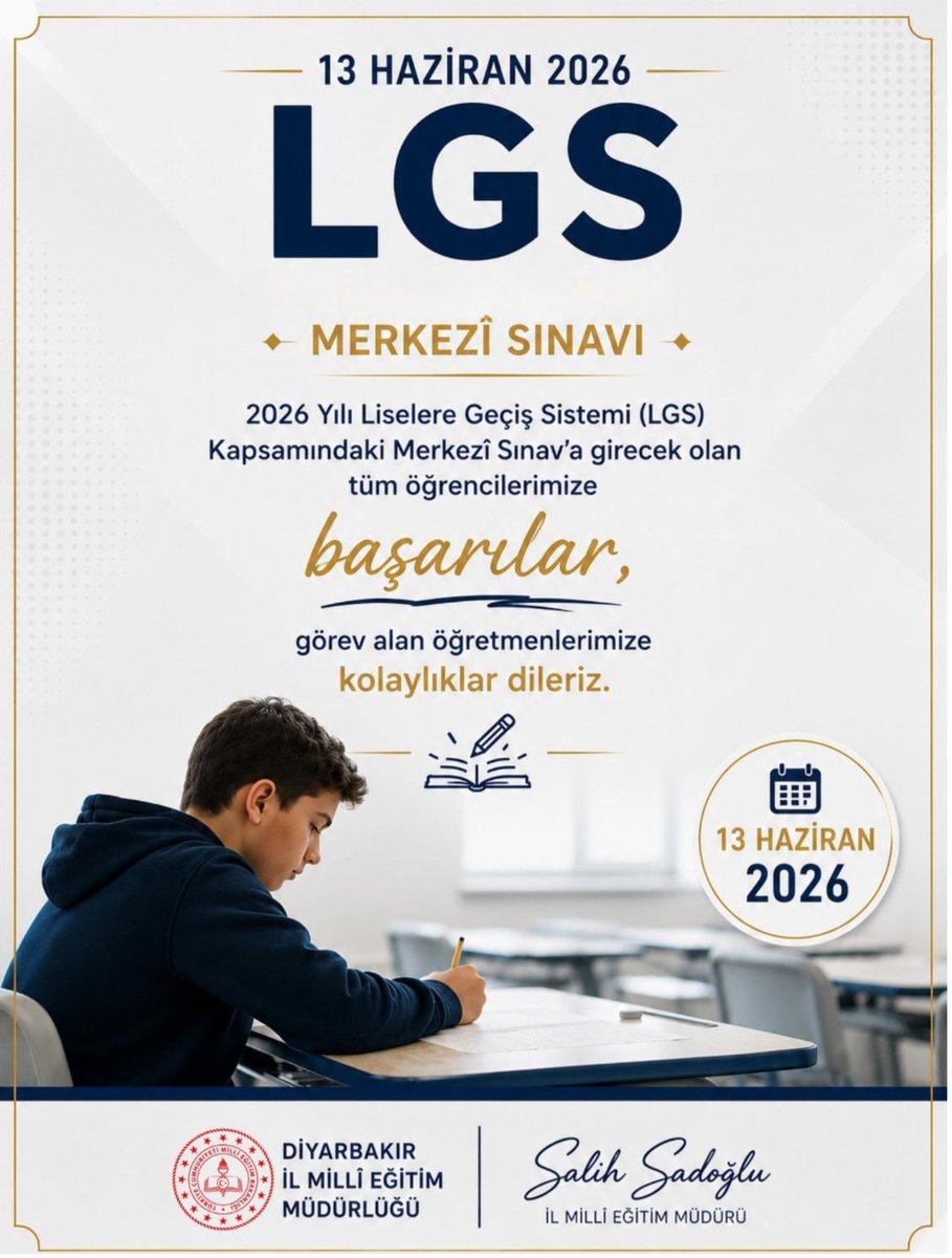 Diyarbakirmem's tweet photo. 13 Haziran 2026 Cumartesi günü gerçekleştirilecek Liselere Geçiş Sistemi (LGS) kapsamındaki Merkezi Sınavı’na katılacak tüm öğrencilerimize gönülden başarılar diliyoruz.

Uzun bir hazırlık sürecinin ardından sınava girecek öğrencilerimizin emeklerinin karşılığını almalarını, hedeflerine ulaşmalarını ve başarılı bir sınav geçirmelerini temenni ediyoruz.

Görev alacak öğretmenlerimize ve tüm eğitim camiamıza da kolaylıklar diliyoruz. 

@tcmeb @Yusuf__Tekin 
@vali_zorluoglu @sadoglu_salih