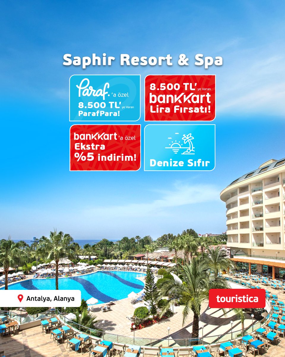 Touristica_Tr's tweet photo. Saphir Resort& Spa’da rüya gibi bir tatil sizi bekliyor. Denize sıfır konumumuzda dalga sesleriyle güne başlarken, gün boyu konforun ve Akdeniz esintisinin tadını çıkarabilirsiniz. İster iskelede güneşin keyfini çıkarın, ister her detayı konforunuz için tasarlanmış alanlarımızda tatilin tadına varın. Kendinize hak ettiğiniz o güzel molayı verin.

💯 Touristica Fırsatları;
🔵 8.500 TL’ye varan ParafPara
🔴 Bankkart’a 8.500 TL’ye varan Bankkart Lira ve ekstra %5 indirim!
📌Denize sıfır

📞 Detaylı bilgi ve rezervasyon için https://t.co/mCqTHCTDZl.trveya 444 0 329
 
#Touristica #Tatil
