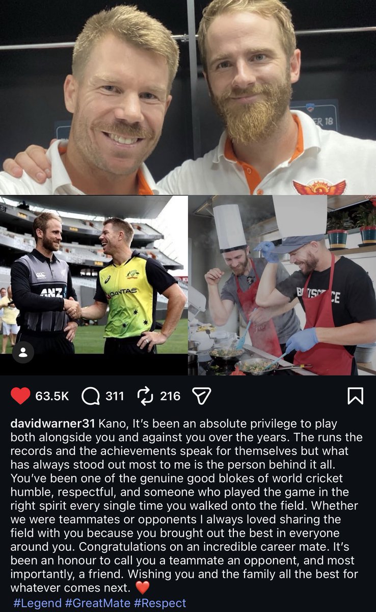 mufaddal_vohra's tweet photo. An emotional Instagram post by David Warner for his former SRH mate Kane Williamson. 🥹❤️ https://t.co/W0bqMbemq4