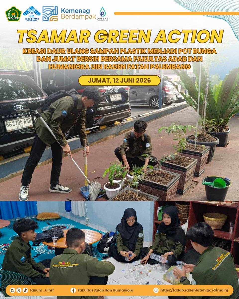 fahum_uinrf's tweet photo. ♻️🌿 TSAMAR berkolaborasi dalam kegiatan #JumatBersihFAHUM dengan aksi bersih lingkungan sekaligus mengolah botol plastik bekas menjadi pot bunga.
Langkah kecil untuk mengurangi sampah, langkah besar untuk kampus yang lebih hijau dan berkelanjutan. 🌱
#uinradenfatah #fahumhebat https://t.co/R2W9Xnn8hF