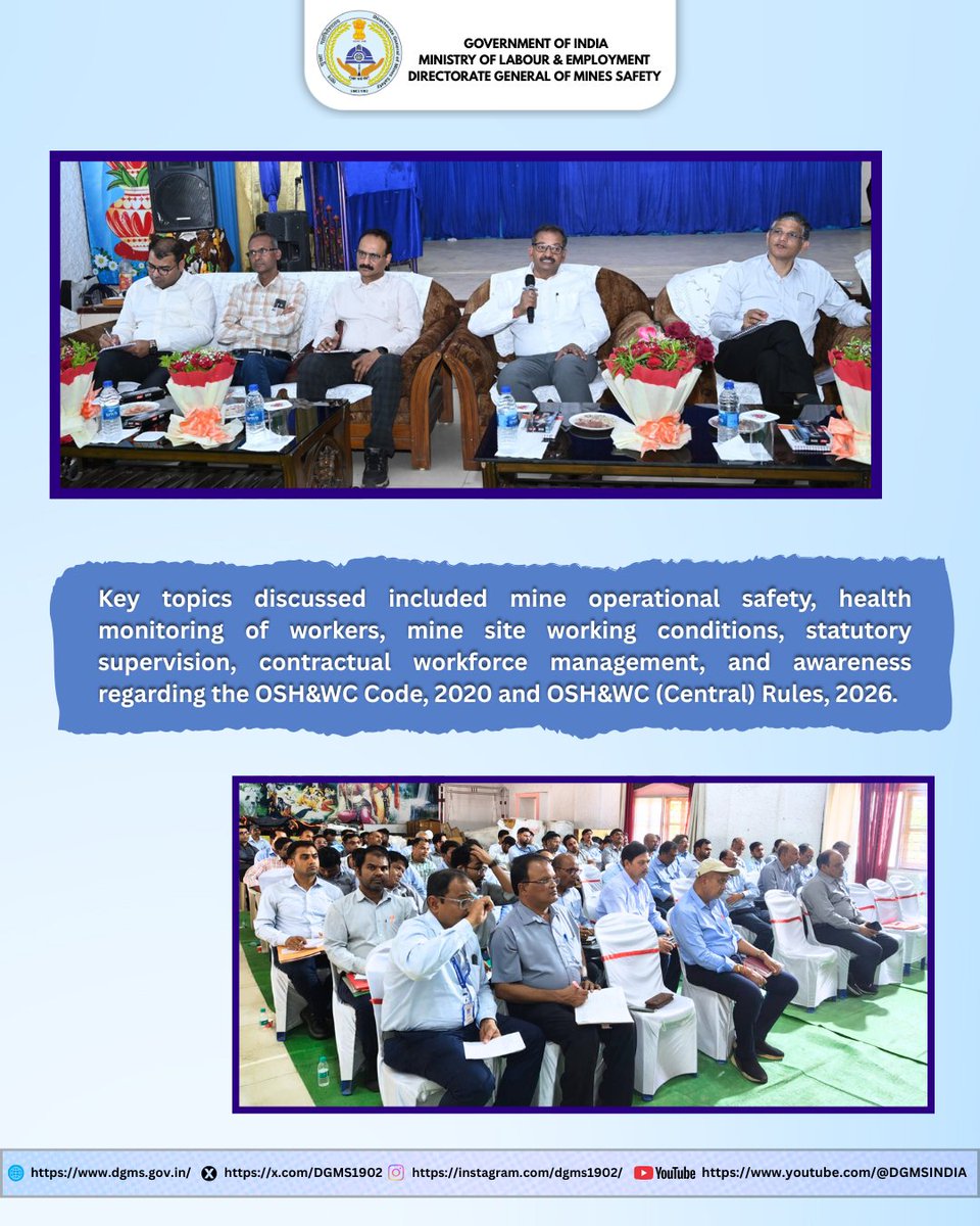 DGMS1902's tweet photo. Shri Niraj Kumar, DDG, Northern Zone, interacted with the Western Coalfields team of Pench, Kanhan and Pathakhera Area, Parasia Region on 09.06.2026. The interaction focused on strengthening safety, health and welfare standards in mining operations.

#DGMSIndia #MinesSafety https://t.co/tkz6Fi8psJ