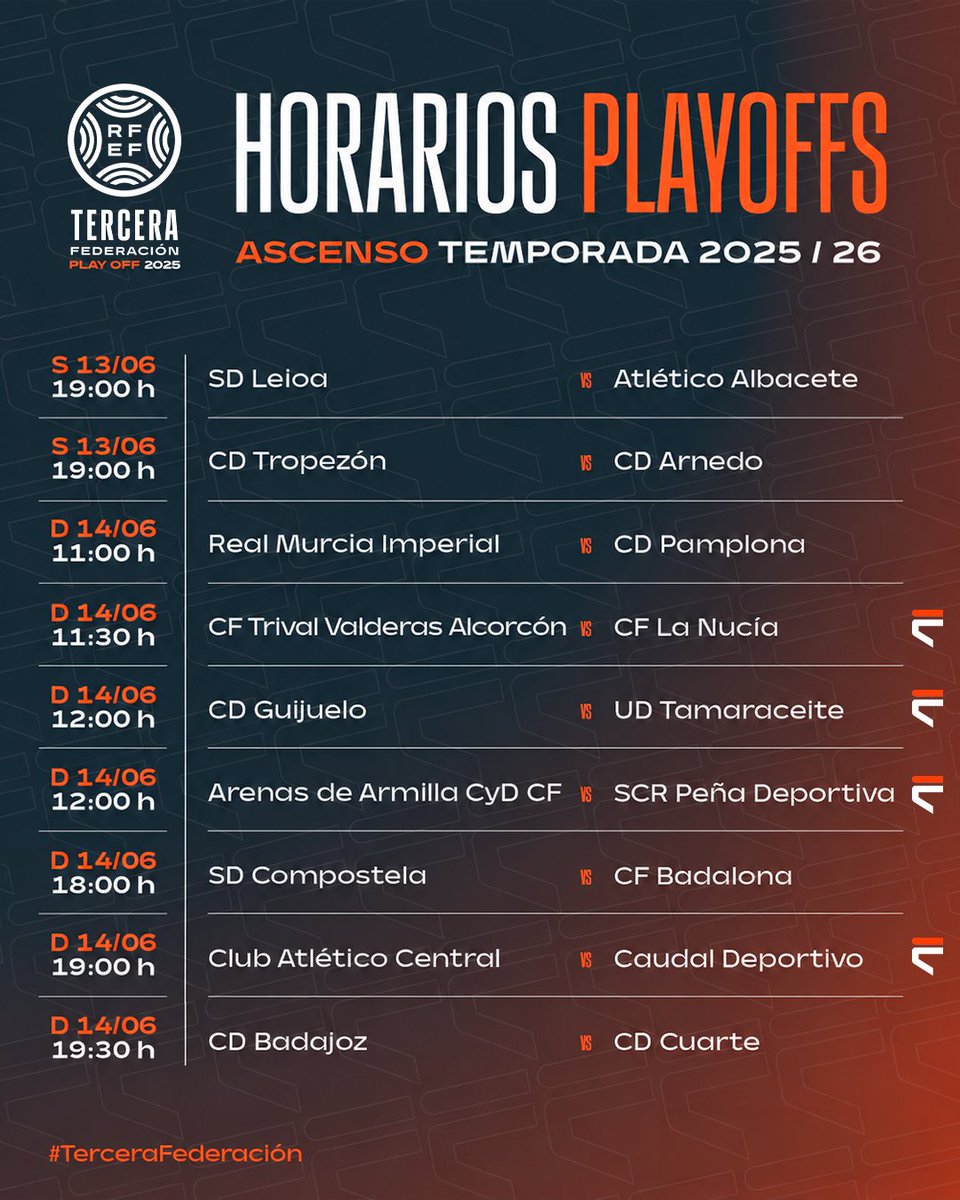 FootballClub's tweet photo. 🎯  ¡El tren del playoff de ascenso a #SegundaFederación pasa por FootballClub!

👀 𝗩𝗶𝘃𝗲 𝗹𝗮 𝗳𝗶𝗻𝗮𝗹 𝗻𝗮𝗰𝗶𝗼𝗻𝗮𝗹 𝗲𝗻 𝗙𝗼𝗼𝘁𝗯𝗮𝗹𝗹𝗖𝗹𝘂𝗯
  
🆚 @trivalvalderas - @cfnucia 
🔗https://t.co/y5ipZQKyZT

🆚 @clubdepguijuelo - @UDTamaraceite 
🔗https://t.co/Sbvv3e3hkQ

🆚 @ArenasOficial - @Penyadeportiva 
🔗https://t.co/kX0NII9wBH

🆚 @ClubAtlCentral - @caudaldemieres 
🔗https://t.co/rOYKWRPxpt