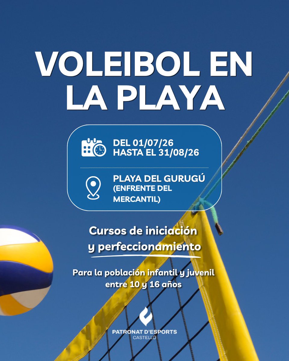 PatronatEsports's tweet photo. 🏐☀️ La Playa del Gurugú se convierte en julio y agosto en la mejor pista para aprender y perfeccionar el vóley playa con el @CVMediterraneo.

📢 ¡Ya están abiertas las inscripciones!

#CastellónEsDeporte 
@ajuntcastello https://t.co/p34704173n