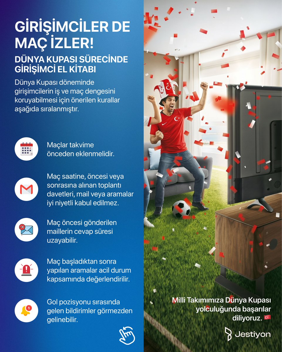 jestiyon's tweet photo. DÜNYA KUPASI SÜRECİNDE GİRİŞİMCİ EL KİTABI ⚽️

Toplantılar, mailler ve iş akışları devam ederken maç heyecanını kaçırmak istemeyenler için birkaç küçük notumuz var.

#Jestiyon #DünyaKupası #Girişimcilik #DünyaKupası2026 https://t.co/jetMOcY8es