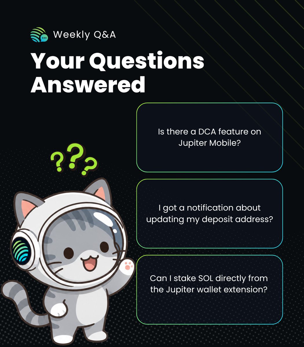 jup_burst's tweet photo. Your Questions Answered at @JupiterExchange 💬

This week: Finding the DCA feature on @jup_mobile, a legit deposit address notification you shouldn't ignore, and how to natively stake your SOL through Jupiter.

Your questions make us better. Keep them coming 👇 https://t.co/E160g2zTjS