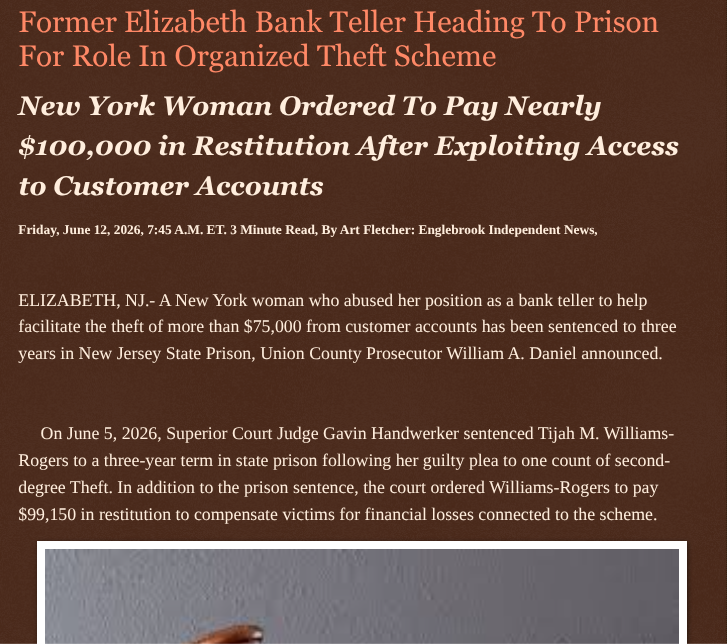 ArtFletcher9's tweet photo. Former Elizabeth Bank Teller Heading To Prison For Role In Organized Theft Scheme https://t.co/Zarrr1LfB1 via @Englebrooknews #NewJersey #CrimeNews #UnionCountyNJ #Former #ElizabethNJ #BankTeller #StatePrison #Theft #NewYork @HRG_Media @LodiNJNews @fordmb1 @SarahGeving1 @Shannon96574094 @DanCook26214426 @gator4kb18 @TrumpWasRite2 @KathyKbrose @RobGerundo @JimBobW49