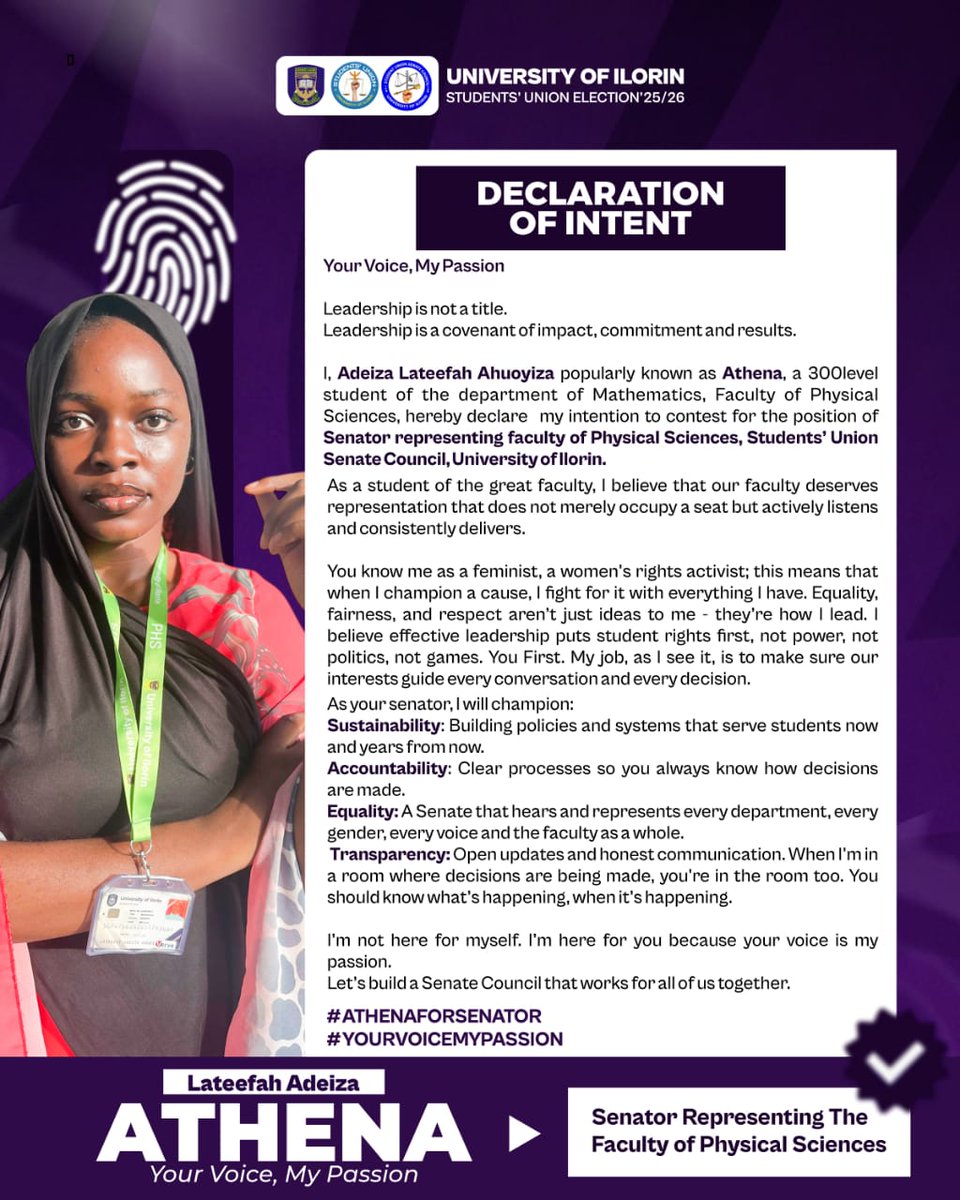 deiz_a_lateefah's tweet photo. A voice with a vision.
🔥🔥

Representative with passion.
🔥🔥

You First. You Next. You Always.💜

Representing you where and when it counts.

I declare, not just for me, but for you, for us and for future students of our great faculty.

Athena For Senate
Your Voice, My Passion https://t.co/dfbfz4A6Uf