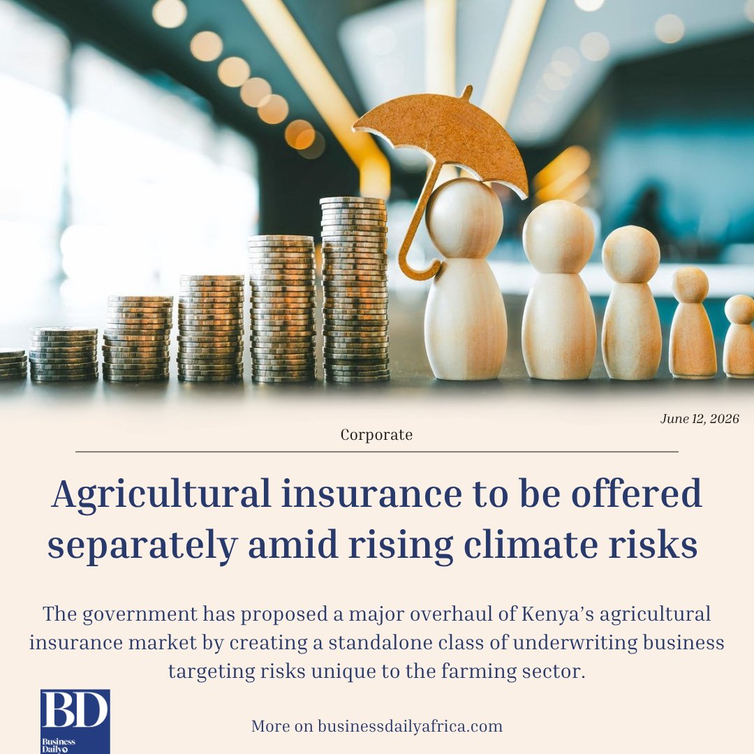 BD_Africa's tweet photo. Agricultural insurance to be offered separately amid rising climate risks 

Insurance penetration in Kenya remains below three per cent of gross domestic product, with agricultural coverage accounting for only a tiny fraction of total insured risks despite farming remaining a critical economic sector.

More on: https://t.co/5sdGeuC88B