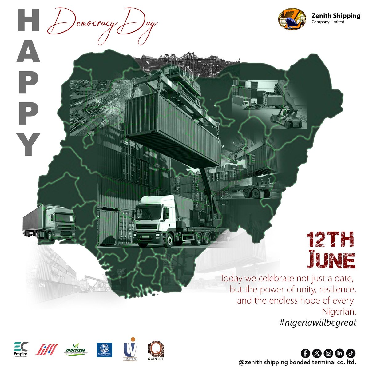 ZenithBonded's tweet photo. Happy Democracy Day to Nigeria. Our dear country belongs to all of us. Let’s join hands together and make it work.
#democracyday #nigeriawillbegreat #nigerian #zenithshippingbondedterminal https://t.co/Yts838Qs5k