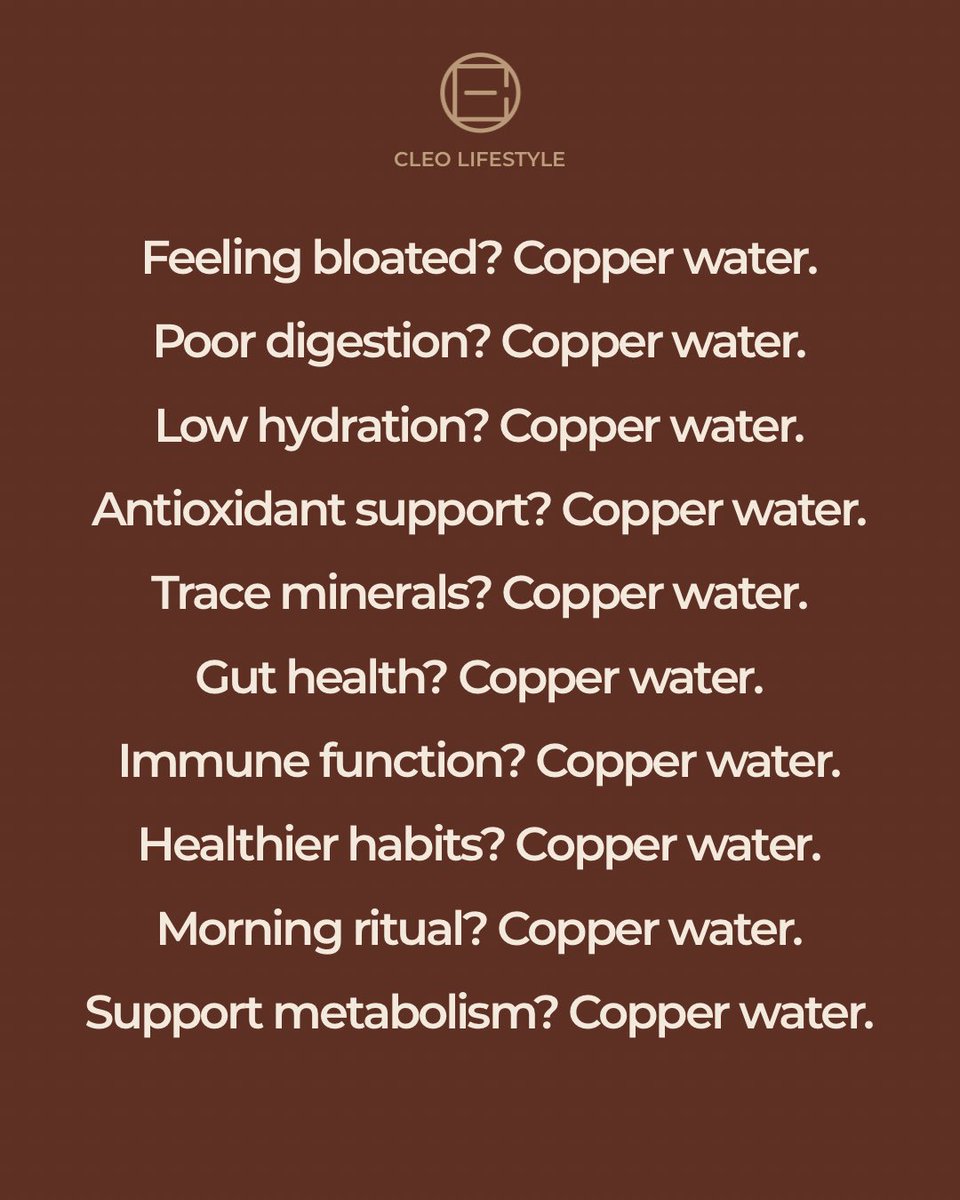 Cleolifestyle's tweet photo. Sometimes the smallest habits make the biggest difference.

Start your day with a simple hydration ritual inspired by tradition. One bottle. One habit. Everyday wellness.

#CleoLifestyle #CopperWater #HydrationHabits #GutHealthSupport #WellnessRoutine https://t.co/CNKxiyaQIG