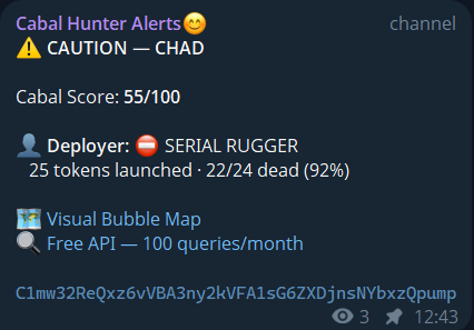 CabalhunterAPI's tweet photo. ***Cabal-Hunter Upgrade***

Your bot checks holder distribution. Cabals know that.

They split supply across 30 wallets, fund them through intermediaries, and buy in a single Jito bundle. Looks organic. Isn't.

Cabal-Hunter now catches all three layers: 🔍 Shared funding sources ⚡ Same-block bundle buys ⛔ Serial rug deployers — "this dev launched 14 tokens, 13 are dead"
One API call. ~100ms. 100 free queries/month.
https://t.co/Q8CtqyvX95

#memetokens #pumpfun #pumpswap #meteroa #solana
You can check the recent token for yourself below on -> https://t.co/lvneN5PoKx Alerts on the TG channel too -> https://t.co/QLmMBAaVZT