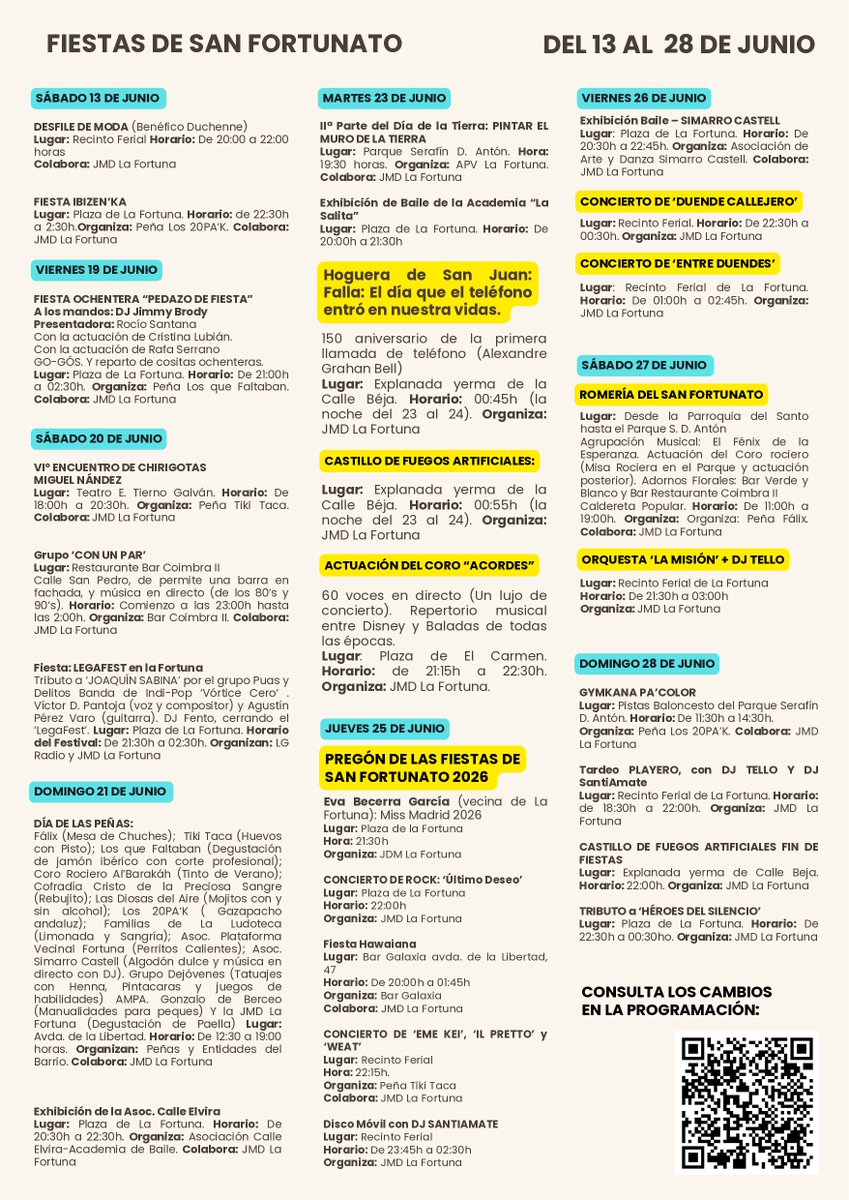 AytoLeganes's tweet photo. 🥳🎉 Las Fiestas por San Juan en todos los barrios y las Fiestas de San Fortunato llegan el próximo fin de semana a #Leganés con más de 80 actividades
🧑‍🎤🎶 El viernes 19 y el sábado 20 en Vereda estará la Orquesta Dier; también el sábado, castillo acuático en Los Frailes; y el domingo 21, fiesta de la espuma en Leganés Norte; y reparto de paella popular en Zarzaquemada
🗿 El sábado 20 en el Parque de Las Moreras tendrá lugar la exhibición de estatuas humanas
🐲🔥 El martes 23 se hará la tradicional hoguera de San Juan y castillo de fuegos artificiales en el aparcamiento de la RENFE de Zarzaquemada
👩‍🎤🎵 Y el sábado 27 también en La Fortuna llega la Orquesta La Misión, un espectáculo de más de cuatro horas que mezcla grandes clásicos de la verbena con pop, rock, música urbana...
📲https://t.co/b8Dot90STM